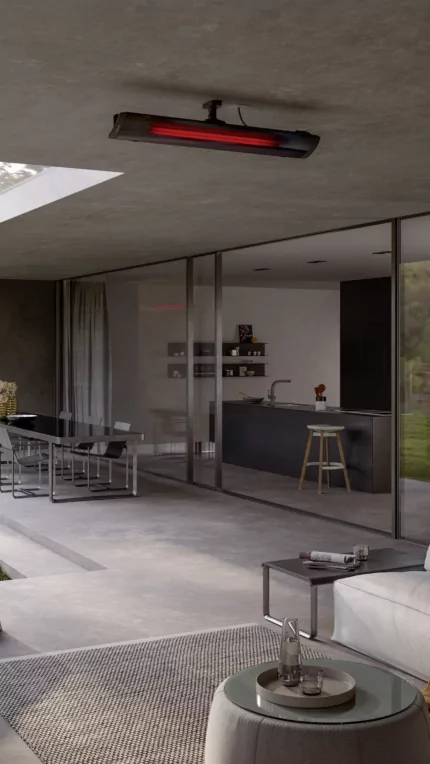 Heatscope Heaters Pure 3000W Radiant Heater wall mounted on a private patio, outdoor infrared electric heater in Germany.